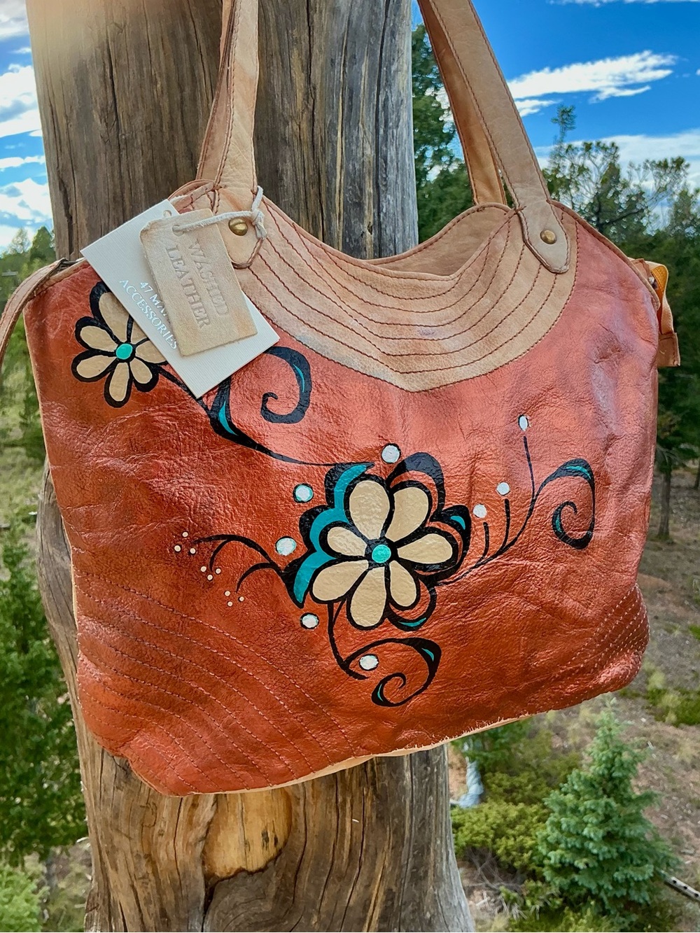47 Maple Washed Leather Hand Painted Floral Shoulder Bag NWT